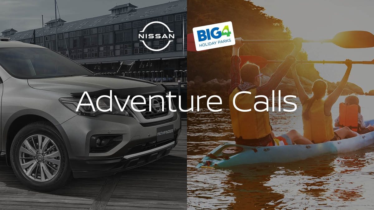 'Adventure Calls' - Split image with Nissan Pathfinder and family kayaking