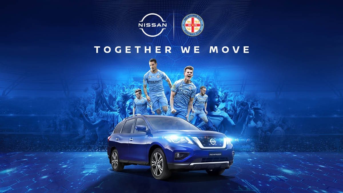 'MCFC | Nissan Official Automotive Partner; Together We Move' - Stylised banner with MCFC players and a Caspian Blue Nissan Pathfinder