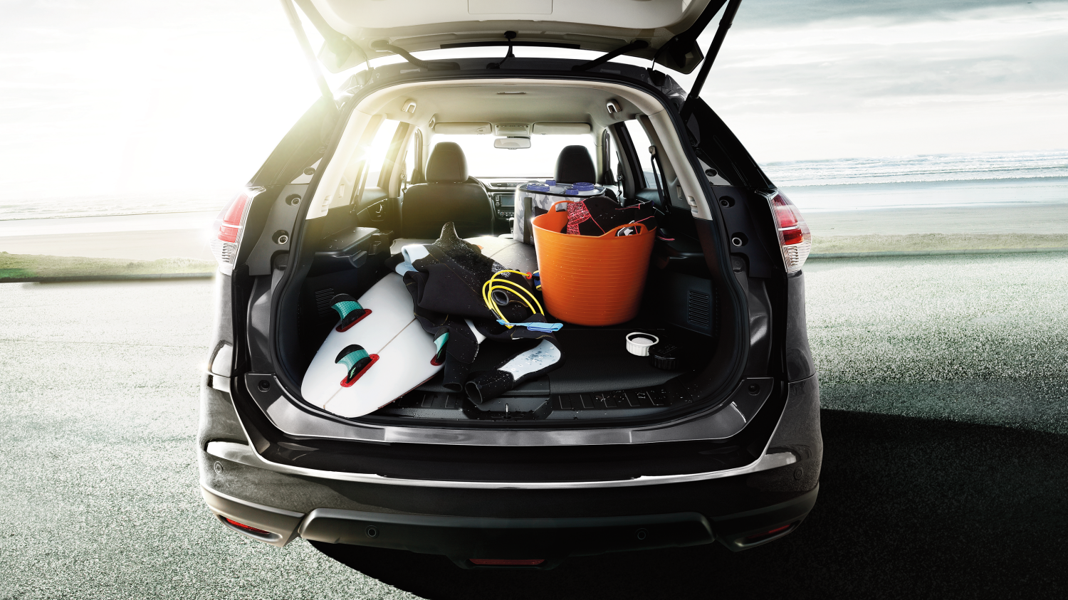 Hatch open with seats folded down and cargo loaded