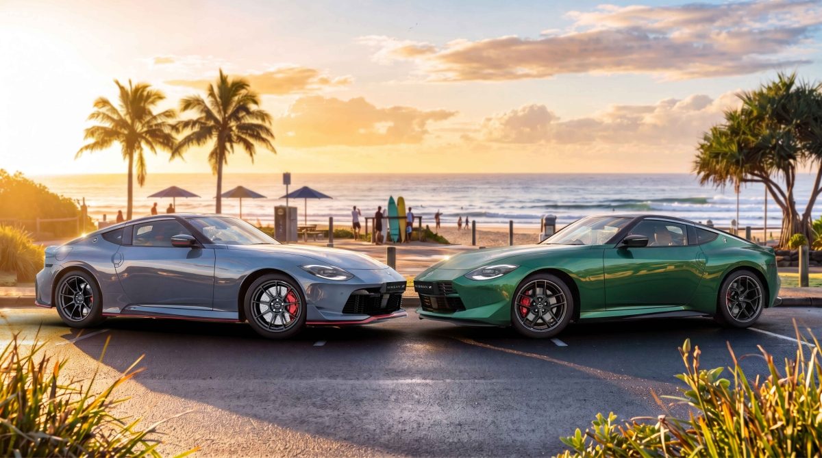 Nissan Z Coupe and Nismo parked in front of a beach