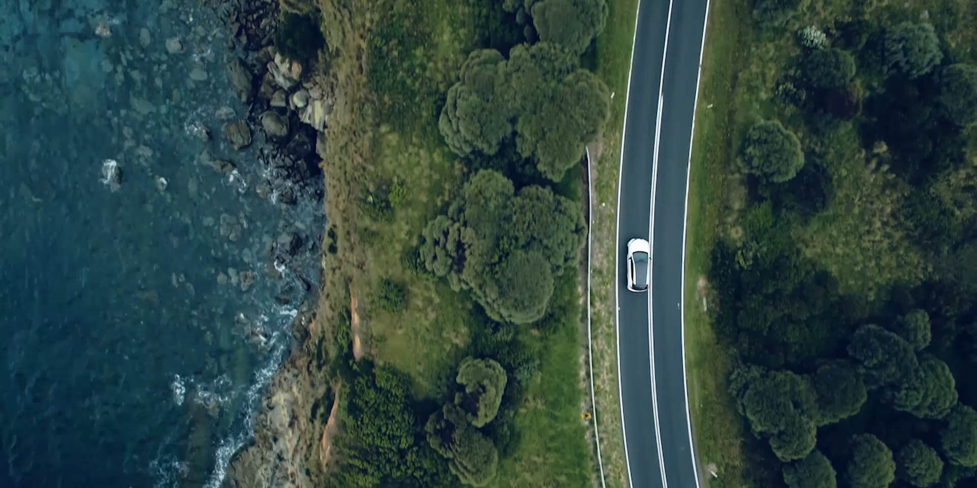 Aerial view of Nissan LEAF driving on forest road