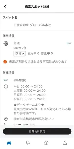 ④充電器の種類や詳細情報、急速充電は充電開始時間の確認ができます。