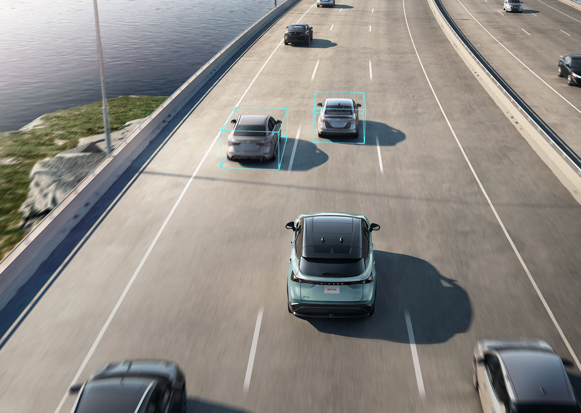 Nissan ARIYA front view on the highway