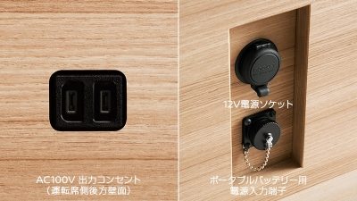 AC100V 出⼒コンセント（運転席側スライドドア開⼝部/運転席側後⽅壁⾯/助⼿席側スライドドア開⼝部）／12V電源ソケット1個〈リヤ〉／ポータブルバッテリー⽤電源⼊⼒端⼦