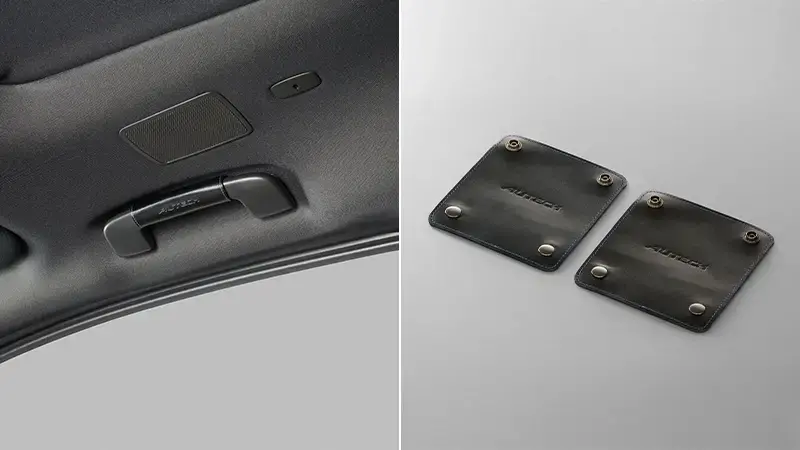 AUTECHアシストグリップカバー（本革製、ブラック/ブルーステッチ、「AUTECH」ロゴ入り）