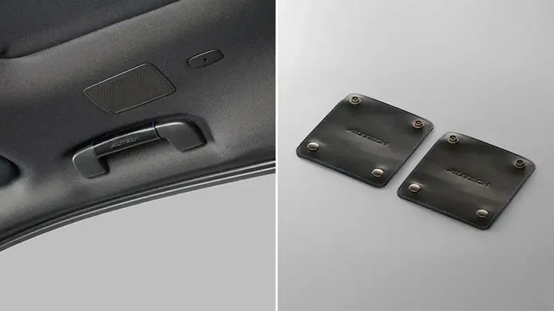 AUTECHアシストグリップカバー（本革製、ブラック/ブルーステッチ、「AUTECH」ロゴ入り）
