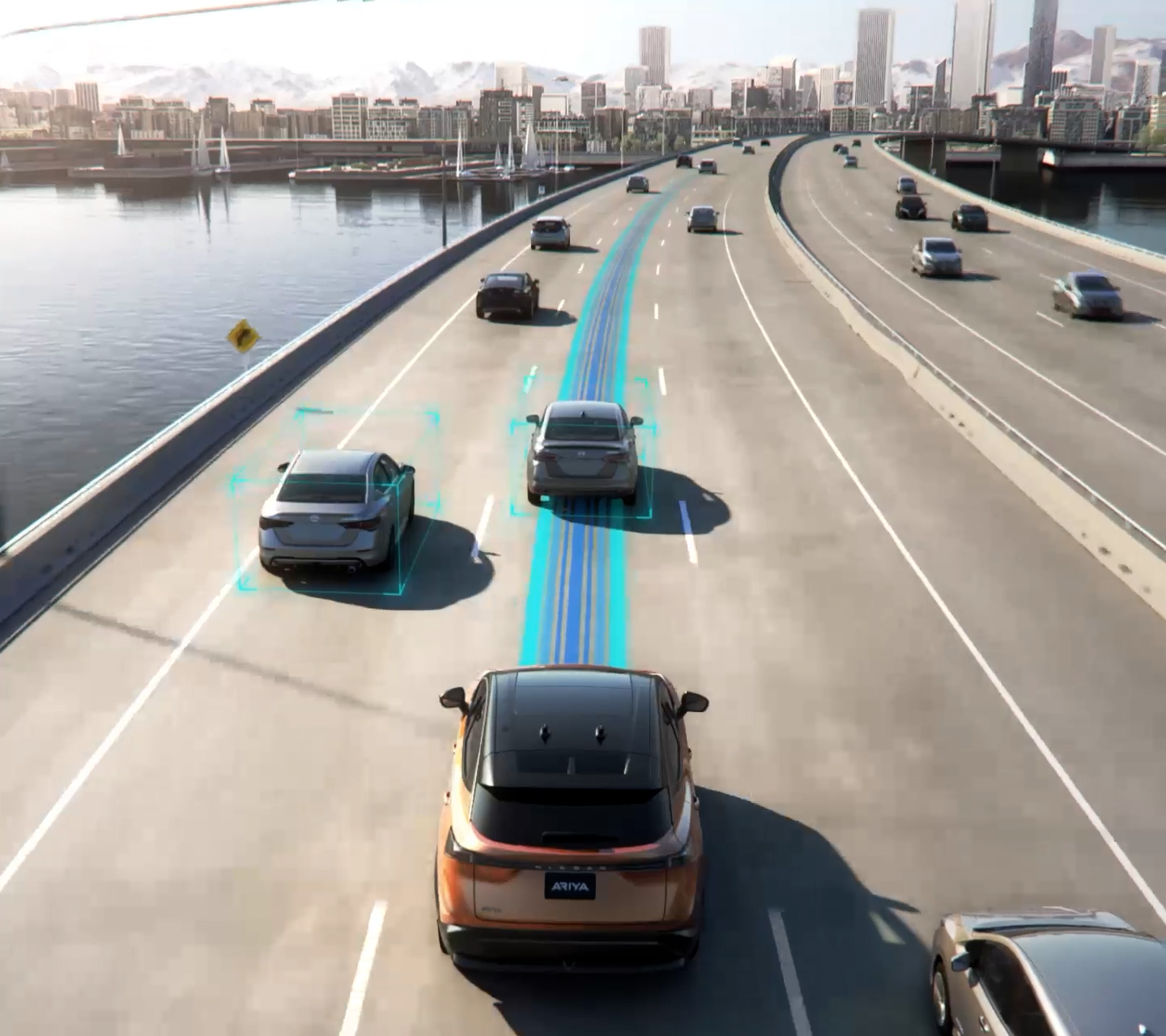 Nissan ARIYA driver with hands in lap to illustrate hands-off driving with ProPILOT 2.0