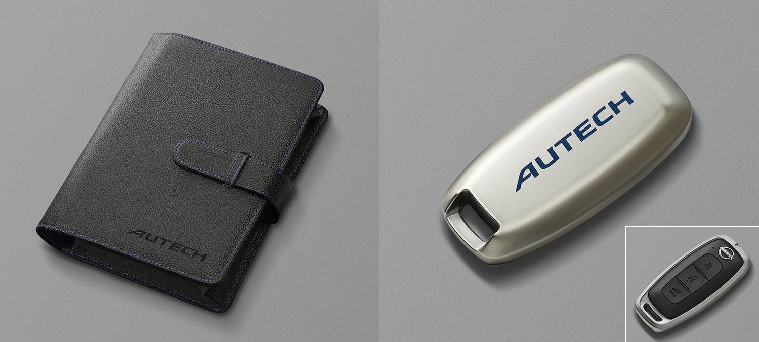 AUTECH⾞検証ケース（ブルーステッチ、「AUTECH」ロゴ⼊り、A6サイズ⾞検証対応） ／AUTECHキーケース（「AUTECH」ロゴ⼊り）