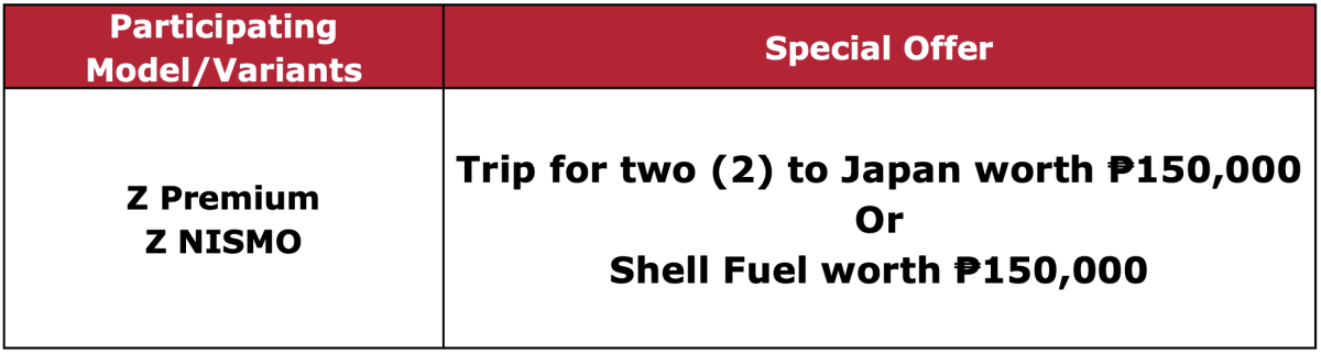 Nissan Z Special Offer - Participating Model/Variants - Z Premium and Z Nismo | Special Offer - Trip for two (2) to Japan worth ₱150,000 Or Shell Fuel worth ₱150,000